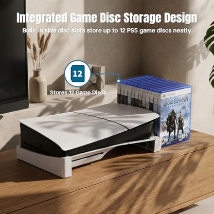ZYTHRONE Horizontal Stand Compatible with PS5 Slim & Pro Console, Base Stand for PlayStation 5 Slim/Pro Disc & Digital Editions, Hold 12 Pcs Game Disc (Not for PlayStation 5 2020), White - color: White