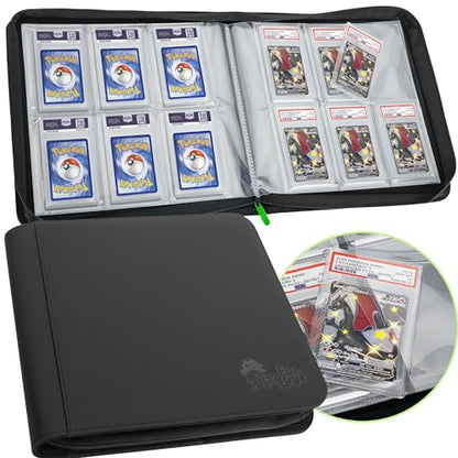 FunGuys Graded Card Binder, 60 PSA Slab Holder, 6 Pocket Graded Card Storage, Slab Binder, PSA Card Graded Display Case Album, Zipper Binder, MTG Card Binder - color: Black and Black