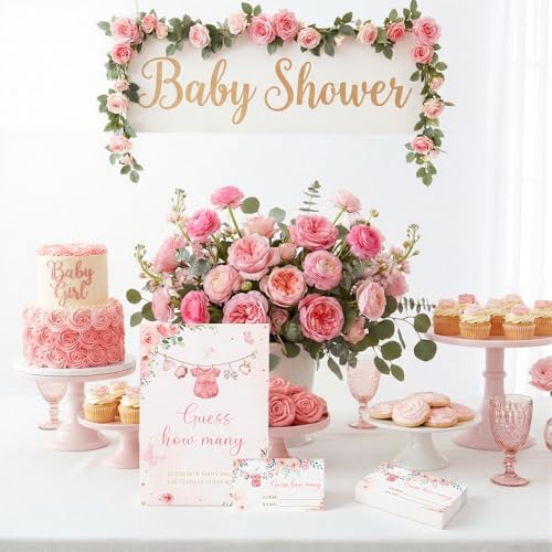 Floral Guess How Many Baby Shower Game Pack of 1 Tabletop Sign with Stand and 50 How Many Cards, Pink Clothes Gender Reveal Party Game Decoration - style: Floral