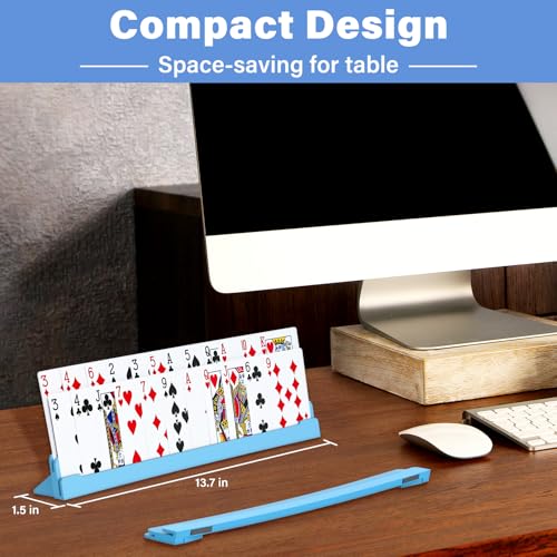 Set of 2 Playing Cards Holders for Seniors Adults – Multi-layer Curved Holders with Foldable Stand for Playing Cards Game Bridge Canasta Strategy Foot and Hand UNO, 2 Blue, for Holidays Game Nights