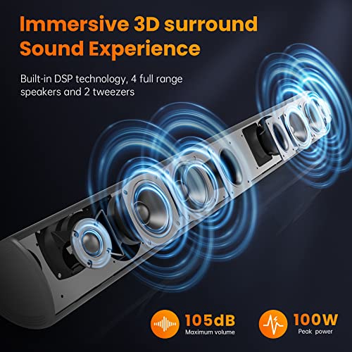 100Watt 40 Inch Soundbar, BESTISAN Sound Bar Wireless and Wired Audio Bluetooth 5.0 TV Speakers with HDMI-ARC Function (2023 Beef UP Version, DSP Audio, Bass Adjustable, Wall Mountable) - color: 40inch black
