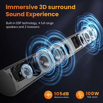 100Watt 40 Inch Soundbar, BESTISAN Sound Bar Wireless and Wired Audio Bluetooth 5.0 TV Speakers with HDMI-ARC Function (2023 Beef UP Version, DSP Audio, Bass Adjustable, Wall Mountable) - color: 40inch black