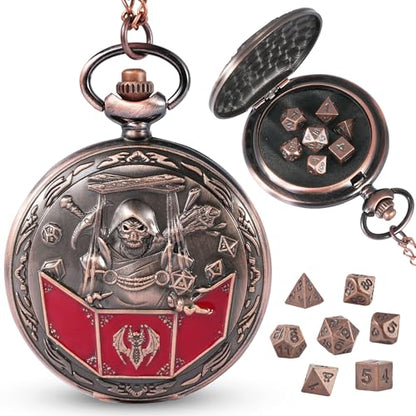 D&D Dice Set,7PCS Metal Dice for Dungeons and Dragons,Mini Dice Set with Pocket Watch Case,Role Playing Board Games Accessories (DM, Copper) - color: Copper, style: DM