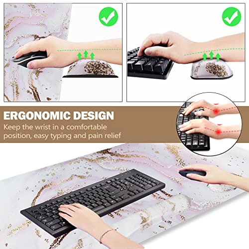 ARTSO Large Gaming Mouse Pad, Keyboard Wrist Rest Pad & Wrist Support Mousepad Set, Stitched Edge, Extended, Non-Slip Base, Memory Foam,Multifunctional Desk Mat 4pcs for Office & Home, Pink Marble - color: Pink Marble