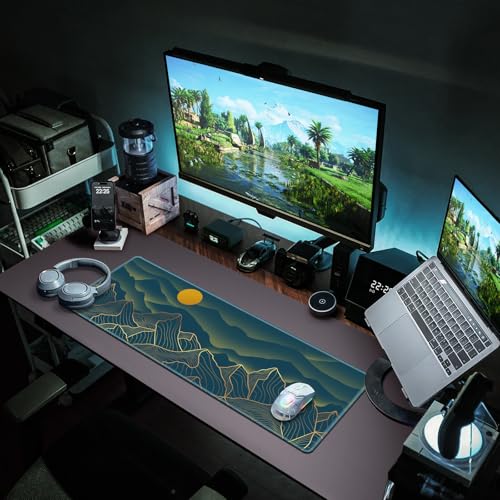 Canjoy Large Gaming Mouse Pad, 31.5x11.8inch Mountain Computer Keyboard Mat | Large Extended Computer Desk Pad Keyboard and Mouse Pad Full Desk Mousepad for Gaming, Office, Home - color: Golden Mountain-Blue, size: 800*300mm