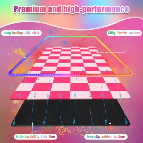 RGB Gaming Mouse Pad I Large Mousepad with 14 Led Modes I Keyboard Pad Gaming Desk Mat I Non-Slip Rubber Base Mouse Mat I 900x400x4mm Waterproof Mousepad for Gaming PC MacBook I Pink Checkered - color: Pink Checkered