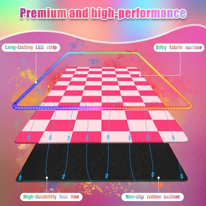 RGB Gaming Mouse Pad I Large Mousepad with 14 Led Modes I Keyboard Pad Gaming Desk Mat I Non-Slip Rubber Base Mouse Mat I 900x400x4mm Waterproof Mousepad for Gaming PC MacBook I Pink Checkered - color: Pink Checkered