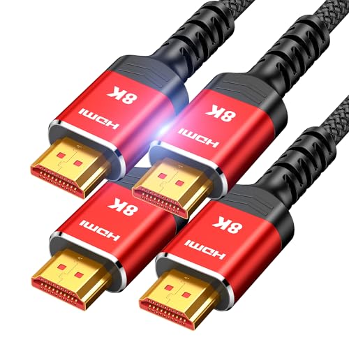 Highwings 8K HDMI 2.1 Cable 15FT 2-Pack, Ultra High Speed HDMI Cable Braided Cord-4K@120Hz 8K@60Hz, DTS:X, HDCP 2.2 & 2.3, HDR 10 Compatible with Roku TV/HDTV/Blu-ray - color: Red, size: 15 feet