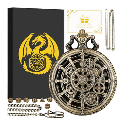 Mini DND Dice Set with Steampunk Hollow Gear Pocket Watch Shell Case, 7pcs Polyhedral Metal D&D Dice, DND Gifts with Gift Box for DND Fans, Role Playing Board Games Accessories - color: Bronze