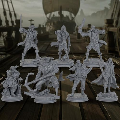 AUSPDICE 28mm DND Minis Fantasy Tabletop RPG Miniatures, Pirate Crew AS800 | 7 Pirate Figures for Dungeon Masters: Skeleton Crew, Shark Warrior, Lookout, Musician and Hooded Rogue for Wargame Adventures