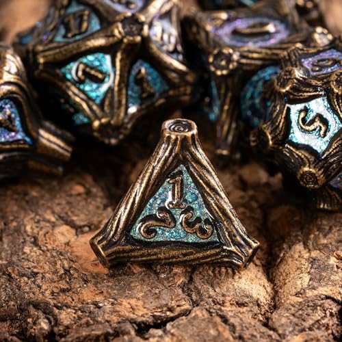 7PCS Metal DND Dice Bronze Blue Metal Dice Set D&D for Board Games | Leather Storage Bag, DM Gift, for Dungeons and Dragons Role Playing Games - color: Metal Tree-bronzeblue