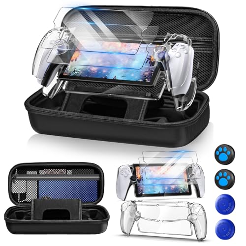 Auarte 12 in 1 Accessories Set for Playstation Portal Remote Player | Hard Carrying Case for PS Portal with Clear Skin Case for PS5 Portal, 2 Screen Protector with 4 Thumb Grip - color: Carbon Black