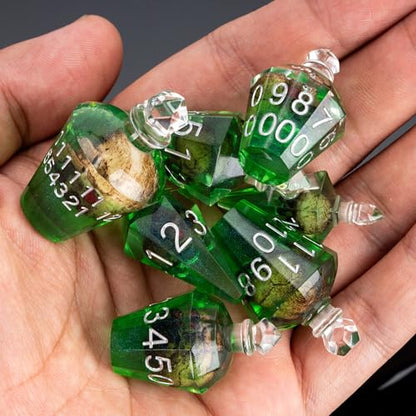 7PCS Potion DND Dice Set,Transparent Sharp Edge Dice Set D&D RPG Polyhedral Dice,for TTRPG Games Roleplaying Games.(Green Skull) - color: Green Skull