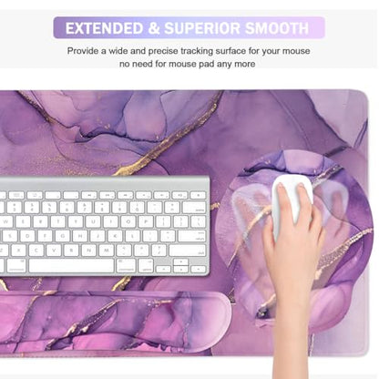 4-in-1 Gaming Mouse Pad Wrist Support Set，Desk Pad + Mouse Pad with Wrist Rest + Keyboard Wrist Rest + Coaster, Ergonomic Design for Home Office Study Game - Purple - color: 4 Pcs Purple