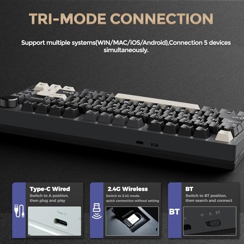 DAREU FLEX75 Gasket Wireless Mechanical Keyboard with Knob | Tri-mode,Hot Swap,75% Custom Gaming Keyboard with PBT Keycaps,RGB Backlit for Mac/Win - color: Black&Grey