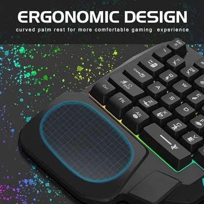 One-Handed Gaming Keyboard, 35 Keys, 3 Color Backlight, Wide Palm Rest, Gaming Keyboard for Computer for Mobile Games