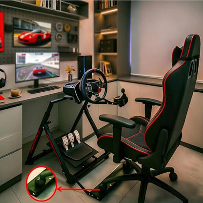 Qvwzd Racing Wheel Stand Foldable Height Adjustable Steering Wheel Stand Portable Racing Simulator Cockpit Metal Frame Universal Fit for Logitech G29 G920 G923 G27 G25 Thrustmaster T300RS T248 T150 T500 Xbox PS4 PS5 PC Square Tube Stand With Chair Slot