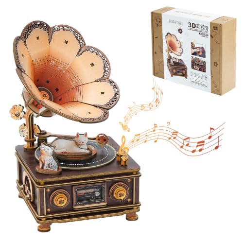 3D Wooden Puzzle Mechanical Gramophone, Wood Model Kits for Adults - 3D Puzzles for Adults Cats, Mechanical Music Box Kits, Unique Graduation for Cat Lovers, Decor - color: Cat Gramophone