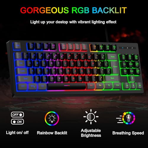 BlueFinger RGB 87 Keys Gaming Keyboard and Backlit Mouse Combo, USB Wired Rainbow Keyboard, Gaming Keyboard Set for Laptop PC Computer Game and Work(Gray & Black) - color: Gray & Black