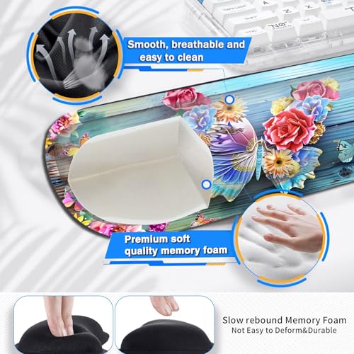 Large Gaming Mouse Pad+ Keyboard Wrist Rest Set, Ergonomics Memory Foam Mouse Mat Wrist Rest Support for Home Office, Waterproof Extended Mousepad 31.5x11.8in, Woodblock Flower Butterfly Desk Pad - color: Yvb-mousepad-9-f-151