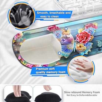 Large Gaming Mouse Pad+ Keyboard Wrist Rest Set, Ergonomics Memory Foam Mouse Mat Wrist Rest Support for Home Office, Waterproof Extended Mousepad 31.5x11.8in, Woodblock Flower Butterfly Desk Pad - color: Yvb-mousepad-9-f-151