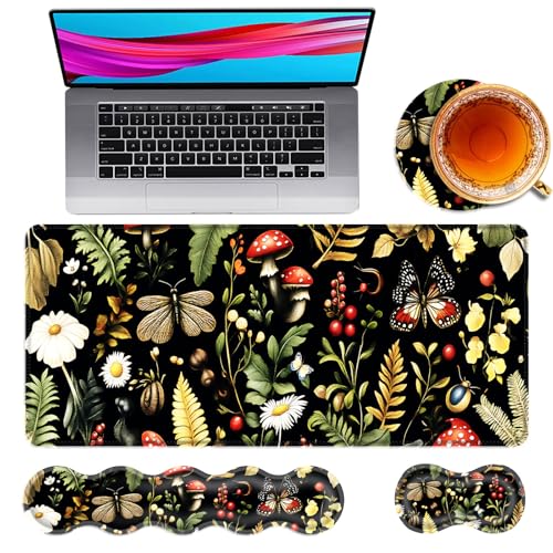 Large Mouse Pad and Keyboard Wrist Rest, Desk Pad for Keyboard and Mouse, 4-in-1 Large Gaming Mouse Pad with Wrist Support, Desk Mat for Home Office Study Game,Mushroom Butterfly Flower - color: Mushroom Butterfly Flower