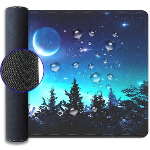 Starry Night Forest Large Gaming Mouse Pad Desk Pad, 27.5x11.8in Moon Galaxy Extended Desk Mat with Stitched Edges, Non-Slip Waterproof Rubber Base for Office, Computer & Laptop - color: Forest, Starry Sky, Moon