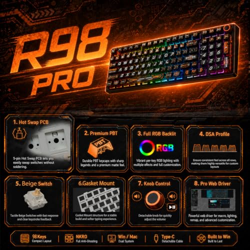 RK ROYAL KLUDGE R98 Pro Wired Mechanical Keyboard, RGB PC Gaming Keyboard with Number Pad and Volume Knob, dye Sublimation DSA Profile Pudding Keycaps, for Win/MAC, Hot Swappable Tactile Beige Switch - color: Black-Translucent, size: Hot Swappable Beige S