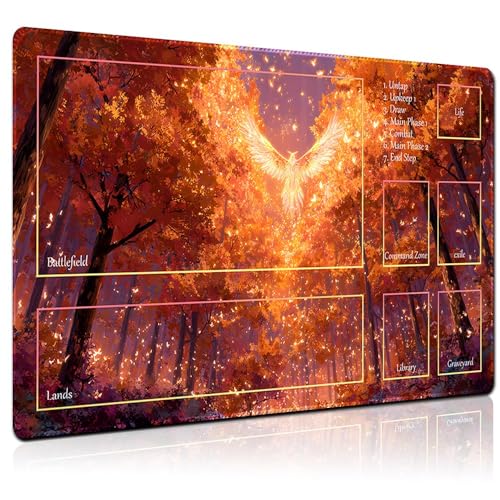 MTG Playmat 24x14 Inch | Optional Game Zone Layout | Non-Slip Rubber Base | Stitched Edges | Includes Free Storage Bag | for TCG, Board Games, and Desk Use(Amberfall,with Zone) - color: Amberfall, style: With zone