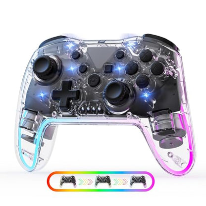 Wireless Pro Controller for Switch/Lite/OLED/PC/Android/iOS - Ergonomic Gamepad with 7 Color RGB Lighting, Turbo/Vibration Adjustment & One-Key Wake-Up Function - color: TransparentWhite