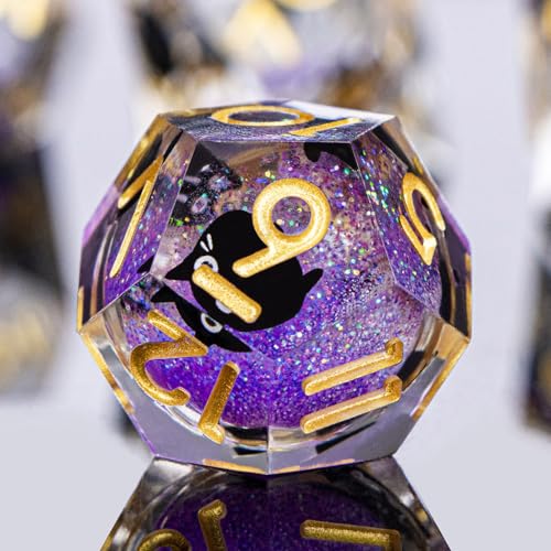 DND Cat Dice Set Purple Sharp Edge Dice with Box, RPG D and D Dice Dungeons Dragons Role Playing Game Polyhedral Resin Dice Set D20 D12 D10 D8 D6 D4 - color: Golden Purple