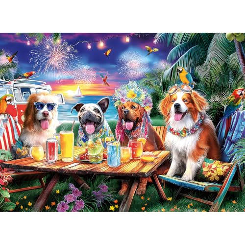 300 Piece Puzzles for Adults, 300 Piece Puzzles for Adults Large Piece, Beach Party Dogs Fireworks Jigsaw Puzzle, Challenging Puzzle Perfect for Game Nights, 20.5 X 15 in - color: Party Dogs