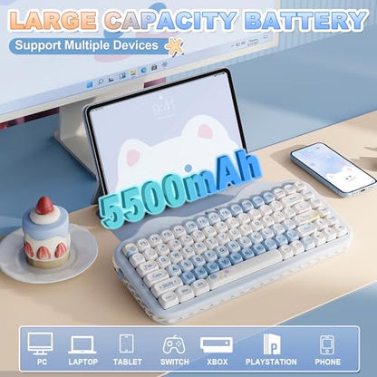 YUNZII C75 Wireless Mechanical Keyboard,75% Layout, Hot-Swappable NKRO,BT5.0/2.4G/USB-C Mode,Dye-Sub PBT MOA Keycaps,RGB Gasket Mount,Cute Cake Design for Mac/Win/Gaming (Blue, Milk V2 Switch) - color: Blue, size: Milk V2 Switch