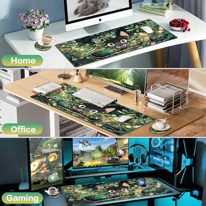 Mouse Pad Anime Mouse Pad with Wrist Rest | 4-in-1 XXL Large Desk Mat Kawaii Mousepad with Gel Wrist Support Keyboard Wrists Rest Coaster, Ergonomic Gaming Cat Desk Pad - color: Curious Cat