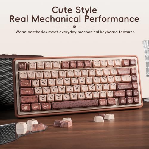 ZORNHER UR82 Mechanical Keyboard,75% Wireless Creamy Gaming Keyboard with Cute Leopard Cat Kawaii Glowing Kitty Ear Mao Keycaps, Aesthetics Compact Brown Keyboard for Home Office,Coffee Brown - color: Leopard Cat