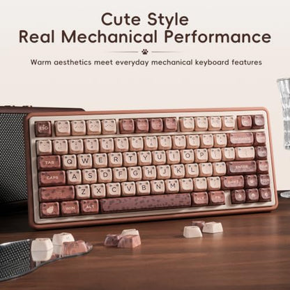 ZORNHER UR82 Mechanical Keyboard,75% Wireless Creamy Gaming Keyboard with Cute Leopard Cat Kawaii Glowing Kitty Ear Mao Keycaps, Aesthetics Compact Brown Keyboard for Home Office,Coffee Brown - color: Leopard Cat