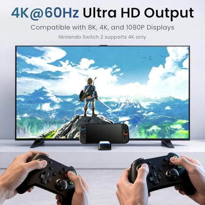 PORTHOLIC Docking Station for Nintendo Switch 2, Portable TV Dock with 4K@60Hz HDMI Output, 60W PD Charging, USB 3.0 & USB 2.0 Ports, One-Touch Mode Switch, 3-Angle Travel Charging Stand