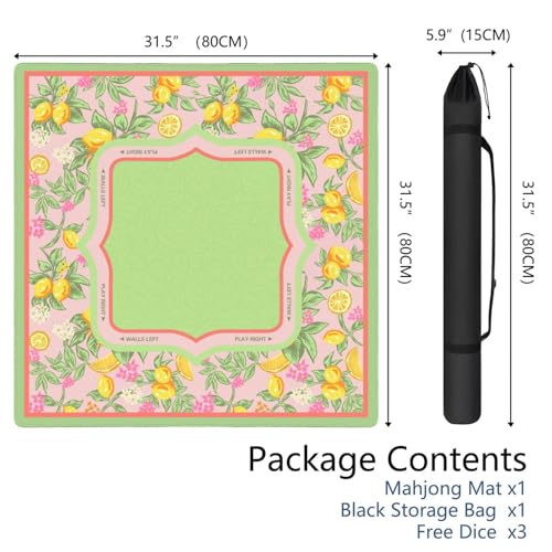 Green Mahjong Mat for Table, 31.5 * 31.5in Anti Slip Mahjong Table Cloth, Noise Reduction, Neoprene Mah jongg Mat with Carrying Bag & 3 Dices, Poker Board Tile Games Mats, Lemon Tree - color: Lemon03