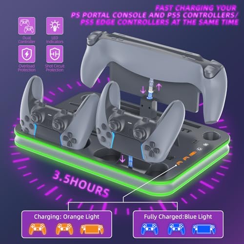 PS5 Pro Cooling Station, Portal Charger, Dual Controller Dock & RGB Lights | Magnetic Portal dock and dual controller chargers show status; set console USB power to Always for charging in rest mode - color: Gray
