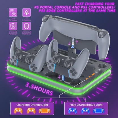 PS5 Pro Cooling Station, Portal Charger, Dual Controller Dock & RGB Lights | Magnetic Portal dock and dual controller chargers show status; set console USB power to Always for charging in rest mode - color: Gray