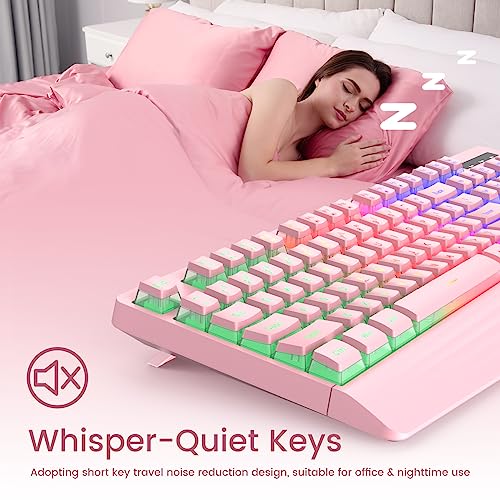 Pink Creamy Keyboard Wired, LED Backlit, 104 Keys Silent Light Up Gaming | Rainbow LED Backlit, Gaming Keyboard with Wrist Rest, PBT Keycap, Anti-ghosting, Waterproof USB Wired for PC Mac Xbox - color: pink