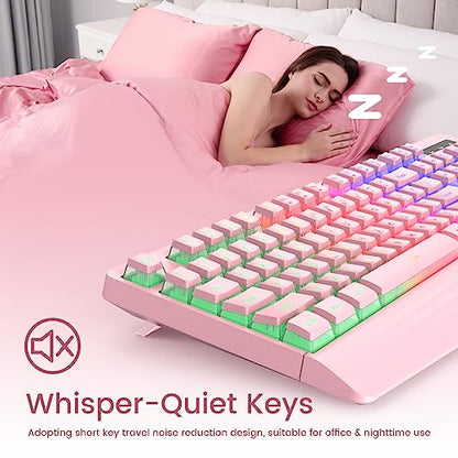 Pink Creamy Keyboard Wired, LED Backlit, 104 Keys Silent Light Up Gaming | Rainbow LED Backlit, Gaming Keyboard with Wrist Rest, PBT Keycap, Anti-ghosting, Waterproof USB Wired for PC Mac Xbox - color: pink