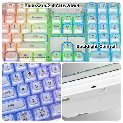 GEEZER Computer Backlit Keyboard White Crystal - Full-Size Bluetooth Wireless Rechargeable Transparent Keycap Portable Keyboards Compatible with Windows, Laptop, PC, Desktop - color: White Crystal
