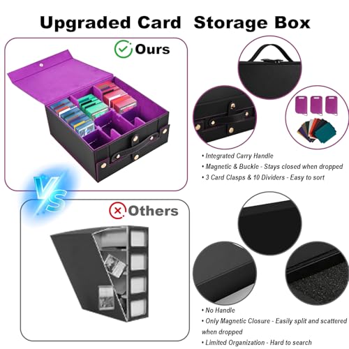Cieex Trading Card Storage Box with Handle, 3-Row Cards Box for Sport Card | Fits 2100+ Single Sleeved, Commander Cards Box for MTG TCG, Foldable Card Holder with 1 Small Card Case 10 Divider 3 Stopper