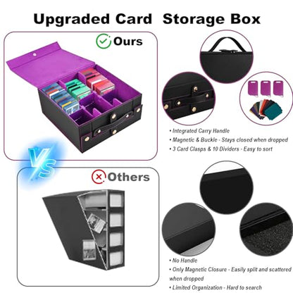 Cieex Trading Card Storage Box with Handle, 3-Row Cards Box for Sport Card | Fits 2100+ Single Sleeved, Commander Cards Box for MTG TCG, Foldable Card Holder with 1 Small Card Case 10 Divider 3 Stopper