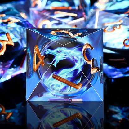 AUSTOR 7 Die DND Dice Set - Blue Flame Dragon Resin Dice (D20, D12, D10, D8, D6, D4) with Case - color: Blue Flame Dragon