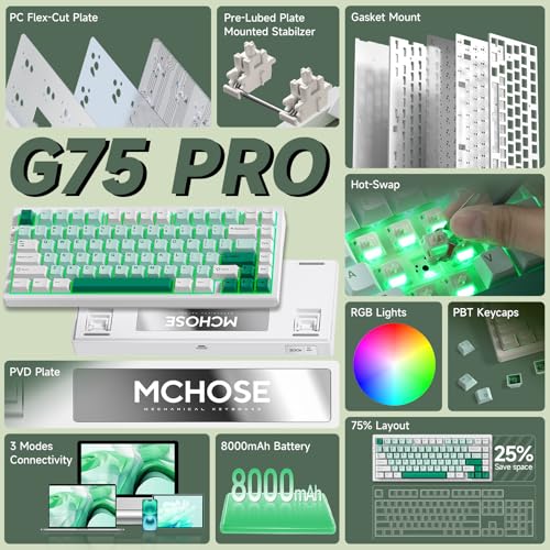 MCHOSE G75 PRO 75% Wireless Mechanical Keyboard, TKL Keyboards Tri-Mode BT5.0/2.4GHz/USB-C, Hot Swap Custom Creamy Keyboards Linear Switch, Double Shot PBT Keycaps RGB LED Backlit, White&Green - color: Green