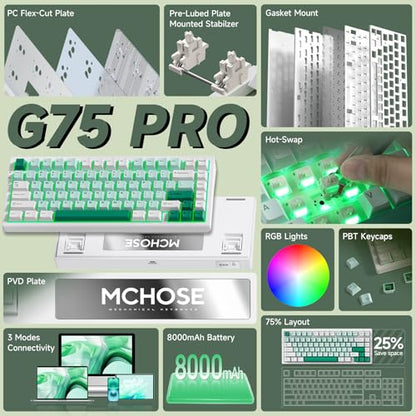 MCHOSE G75 PRO 75% Wireless Mechanical Keyboard, TKL Keyboards Tri-Mode BT5.0/2.4GHz/USB-C, Hot Swap Custom Creamy Keyboards Linear Switch, Double Shot PBT Keycaps RGB LED Backlit, White&Green - color: Green