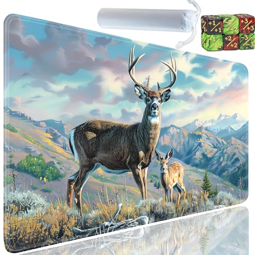 Playmat for MTG, 24x14 Inches Playmats, for TCG and CCG Trading Card Game Mat, Non-Slip Rubber for MTG Playmats with A Storage Bag and 6 Dice Set, Deer + Rabbit in The Mountain - color: Yu-Playmat-1-E133