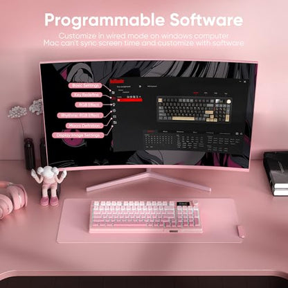 RedThunder K95 Wireless Mechanical Keyboard, TFT Screen & Knob, Triple-Mode, Custom Gasket Mount Hot-Swap, Pre-lubed Linear Pink Switches, RGB Backlit, Side-Printed PBT Keycaps, Gradient Sakura Pink - color: Gradient Sakura Pink